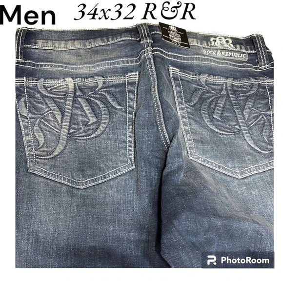 Rock& Republic jeans, men 34x32 SLIM  ,STRAIGHT,blue ,logo,denim,NWT, faded - Picture 2 of 12